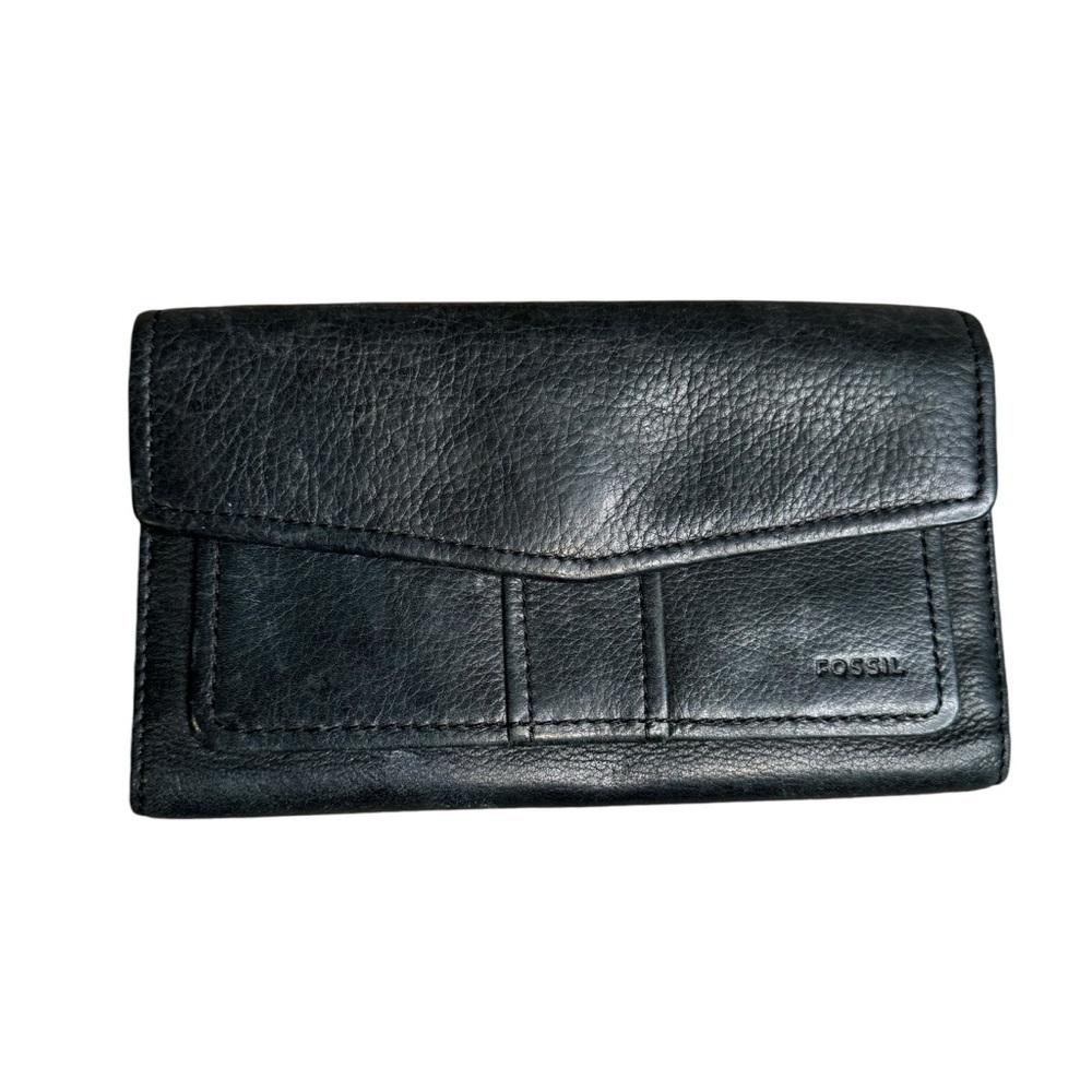 Fossil Black Leather Trifold  Wallet Checkbook Holder Snaps & Zips Ladies VTG
